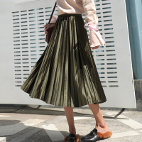 珂卡慕(KEKAMU)2020春秋新款时尚金丝绒高腰百褶裙半身裙中长款的女长裙