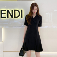 珂卡慕(KEKAMU)气质双排扣棉麻西装连衣裙女名媛法式小香风小众桔梗裙短袖百褶裙 黑色