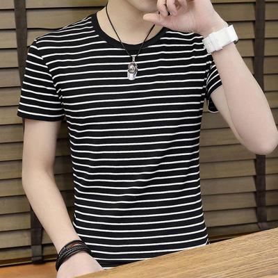 珂卡慕(KEKAMU)夏季男士短袖条纹T恤圆领黑白条细条纹打底衫