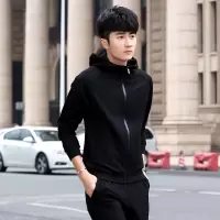 珂卡慕(KEKAMU)二件套休闲运动套装男春长袖连帽运动卫衣外套运动衣套装男秋 黑色两件套