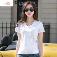 珂卡慕(KEKAMU)色大V领2020新款夏装短袖女T恤时尚韩版修身百搭竹节棉女装潮