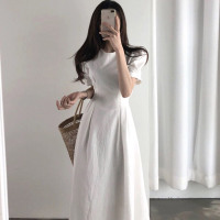 珂卡慕(KEKAMU)韩国ins元气少女夏季法式复古简约圆领长款系带收腰短袖连衣裙