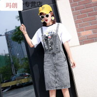 珂卡慕(KEKAMU)2020新款夏季韩版牛仔背带裙女宽松显瘦减龄洋气重工连衣裙短裙子 灰色