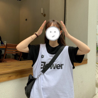 珂卡慕(KEKAMU)新款印花棉中长款无袖运动T恤女 黑色背心 均码