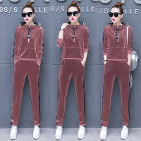 珂卡慕(KEKAMU)金丝天鹅绒套装女春秋2020新款时尚气质休闲运动服连帽卫衣两件套