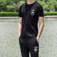 珂卡慕(KEKAMU)2020新款夏天男士休闲运动套装时尚韩版休闲针织衫短袖男装 黑色