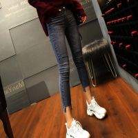 珂卡慕(KEKAMU)女士春天穿的裤子2020年春季新款烟灰色紧身牛仔裤女破洞高腰修身显瘦小脚九分裤潮