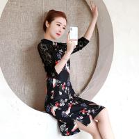 珂卡慕(KEKAMU)胖mm大码女装2020春季新款大妈大码显瘦百搭减龄气质优雅蕾丝印花旗袍连衣裙 黑色