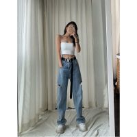 珂卡慕(KEKAMU)2021春季新款大码宽松显瘦破洞高腰直筒阔腿韩潮做旧浅色休闲时尚百搭牛仔裤女 浅蓝色