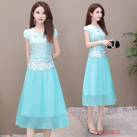 珂卡慕(KEKAMU)显瘦气质女神改良旗袍连衣裙女2020新款流行中式立领绣花网纱夏天拼接雪纺长裙