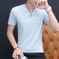 珂卡慕(KEKAMU)简约竹节棉短衫体恤打底衫男士夏季鸡心领短袖T恤男装衣服半截袖