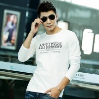 珂卡慕(KEKAMU)春秋装男士纯棉长袖T恤 男生修身潮男体恤上衣修身衣服打底衫男装 简单字母-白色
