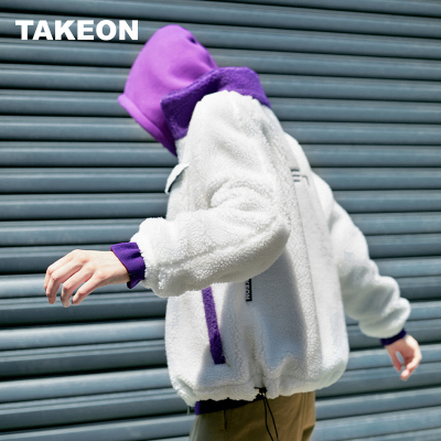 TAKEON(服饰)男装女装仿羊羔绒夹克紫白外套潮流茄克撞色夹克衫