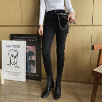 陈小颖Jupiter 秋冬高腰显瘦黑色加绒牛仔裤女新款百搭紧身小脚裤