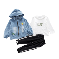 2020春季新款男女童套装连帽牛仔中小童童装三件套 牛仔色
