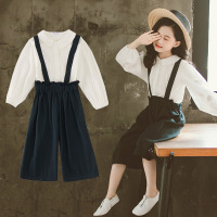 2020新款韩版童套装女童秋装中大童儿童衬衫背带阔腿裤两件套藏青110码(建议身高100厘米)