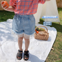 2020夏季新款儿童毛边宽松裤子韩版洋气女童蕾丝牛仔短裤 蓝色
