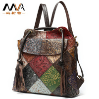 MVA 新款复古女士包包头层牛皮压花流苏手提包多功能双肩包085