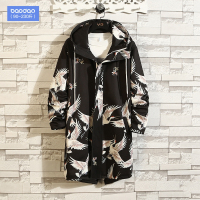 中国风仙鹤连帽风衣男中长款胖子加肥大码衣服宽松潮牌外套秋冬季