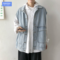 秋冬季无袖牛仔背心男胖子宽松加肥加大码马甲韩版潮流马夹外套