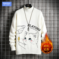 秋冬季猫咪印花毛衣男士宽松大码打底线衣韩版潮流个性加厚针织衫