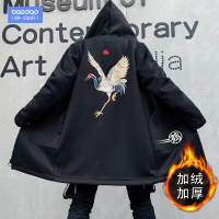 秋冬季国潮仙鹤印花风衣男士连帽中长款大码胖子宽松加绒加厚外套