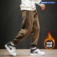 字母印花加绒加厚卫裤男宽松束脚大码运动裤三条杠韩版潮流休闲裤