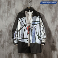 新款秋季动漫简笔画涂鸦印花长袖衬衫男士衬衣潮流加肥加大码肥仔