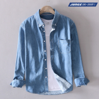 新款长袖衬衫男牛仔衬衣外套加肥加大码韩版潮流雾霾蓝青年小清新