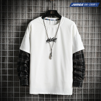 春秋季假两件印花卫衣男袖子衬衫拼接加肥加大码薄款外套潮牌宽松