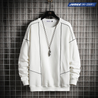 春秋季新款圆领套头卫衣男士加肥加大码纯色线条外套胖子宽松潮牌