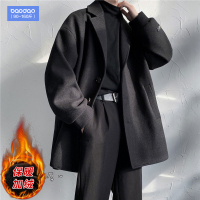 毛呢大衣男中长款秋冬贴标纯色港风宽松青年风衣保暖加绒加厚外套