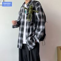 港风日系格子衬衫男长袖胖子加肥加大码寸衫韩版潮流休闲百搭衬衣