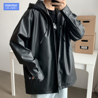 港风潮牌连帽秋季皮衣男士加肥大码胖子宽松休闲百搭风衣潮流外套