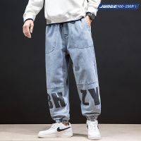 牛仔裤男士宽松直筒潮牌百搭字母印花加肥加大码宽松胖子日系束脚