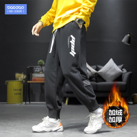 秋冬字母印花加绒裤子男士韩版潮流宽松直筒卫裤大码束脚休闲长裤