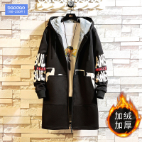 秋冬季个性印花加绒加厚风衣男中长款大码大衣青少年潮流百搭外套