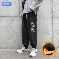 秋冬季加绒动漫贴休闲长裤男胖子大码直筒宽松束脚裤韩版潮流裤子