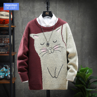 秋冬季日系加厚印花套头拼色毛衣男打底衫加肥大码潮流宽松针织衫