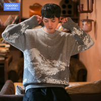 秋冬季雪山印花毛衣男胖子宽松加肥加大码针织衫港风潮流套头线衫