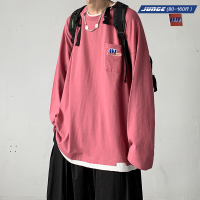 秋季新款假两件刺绣长袖T恤男口袋棉质打底衫青少年外套宽松港风