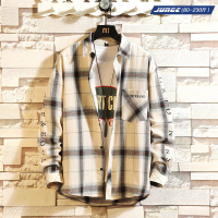 秋季新款大格子长袖衬衫男字母休闲衬衣加肥加大码外套青年肥仔潮