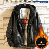 冬季男士外套假两件连帽夹克宽松加肥加大码潮流时尚机车PU皮衣胖