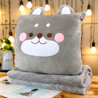 敬平暖手抱枕被子两用汽车内靠垫多功能毯子三合一办公室午睡枕头 灰色柴犬(方形) 暖手抱枕+[加大号毯]1.2 平