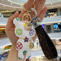 敬平皮质钥匙扣男女士创意小熊钥匙链欧美个性汽车钥匙挂件情侣款 小熊[老花白]+老花咖车用钥匙扣汽车钥匙扣