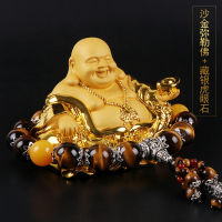 汽车摆件弥勒佛高档男香水座车内饰品符车载创意装饰品 沙金弥勒佛[摆件]+藏银大号虎眼石