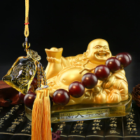 汽车摆件创意装饰品弥勒佛像车载车内用水晶香水座 姜黄色 佛+红酸枝+钱袋