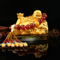 汽车摆件创意装饰品弥勒佛像车载车内用水晶香水座 金佛+红玛瑙佛珠