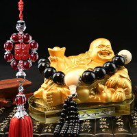 汽车摆件创意装饰品弥勒佛像车载车内用水晶香水座 金佛+黑曜石珠+平安符挂