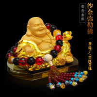 汽车摆件弥勒佛创意高档大气男士香水座车内饰品保佑平安车载装饰 沙金弥勒佛[香水座]+菩提子/黑红黄珠